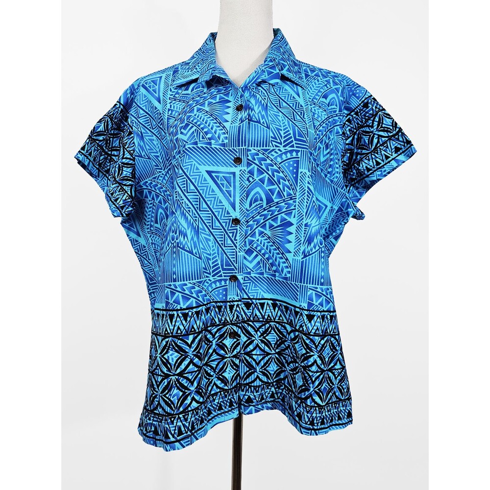 Tribal Origins Women's XL/1X US 18 Black Blue Fiji Bula Tribal Button Down Shirt
